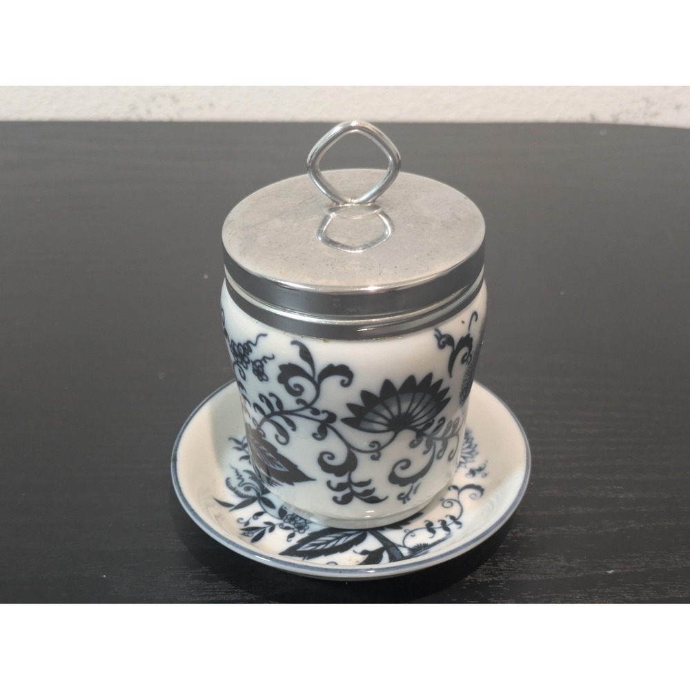 VTG Blue Onion Porcelain Egg Poacher Cup Metal Lid White Floral Kitchen Decor